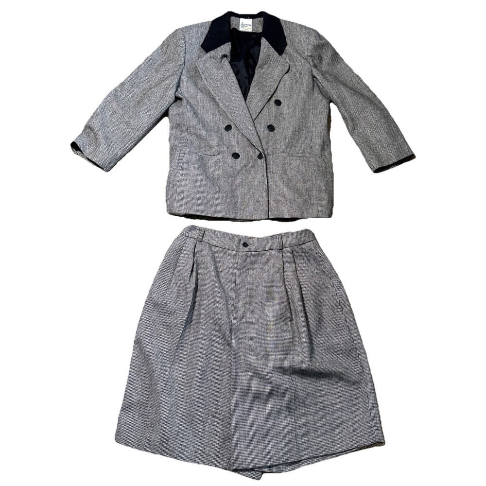 Vintage London Fog Suit Set Womens 14 Houndstooth Wool Blazer Skirt USA